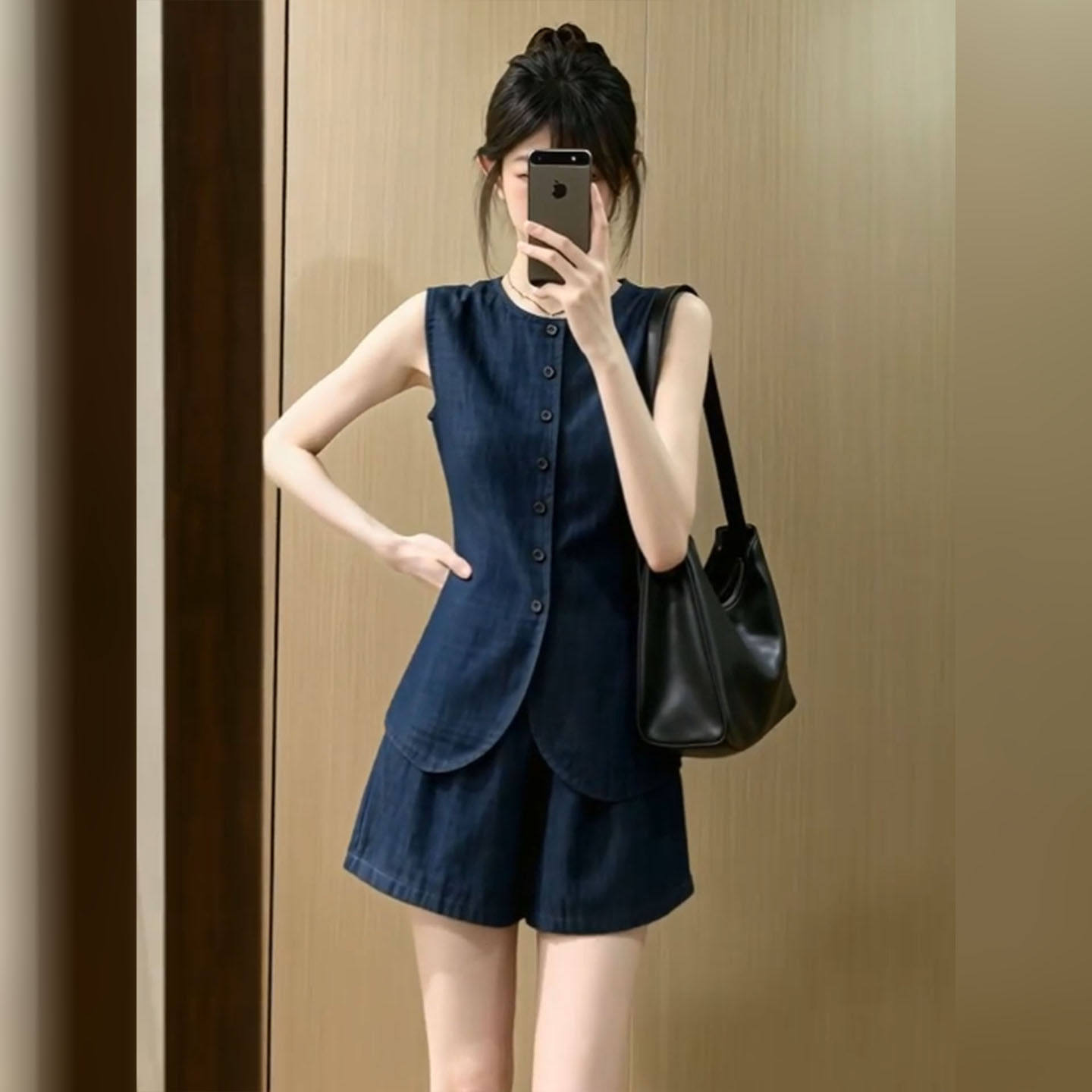 高级感藏蓝色无袖马季短裤套装女2026夏季复古百搭小众设计两件套