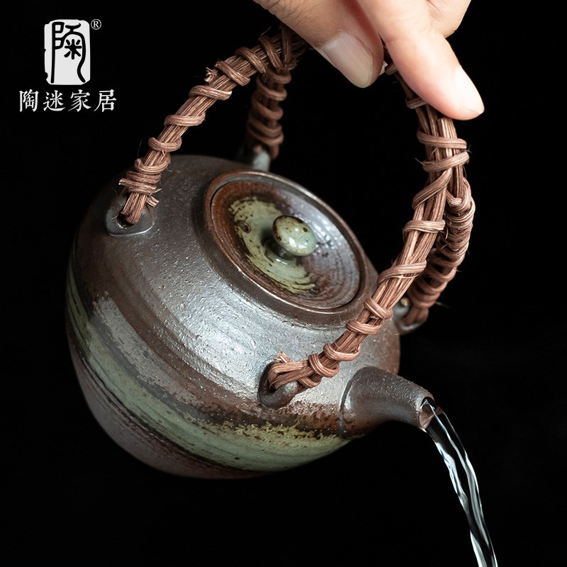 陶迷清水柴烧提梁壶创意藤编提把日式茶壶单壶家用窑变陶瓷泡茶器