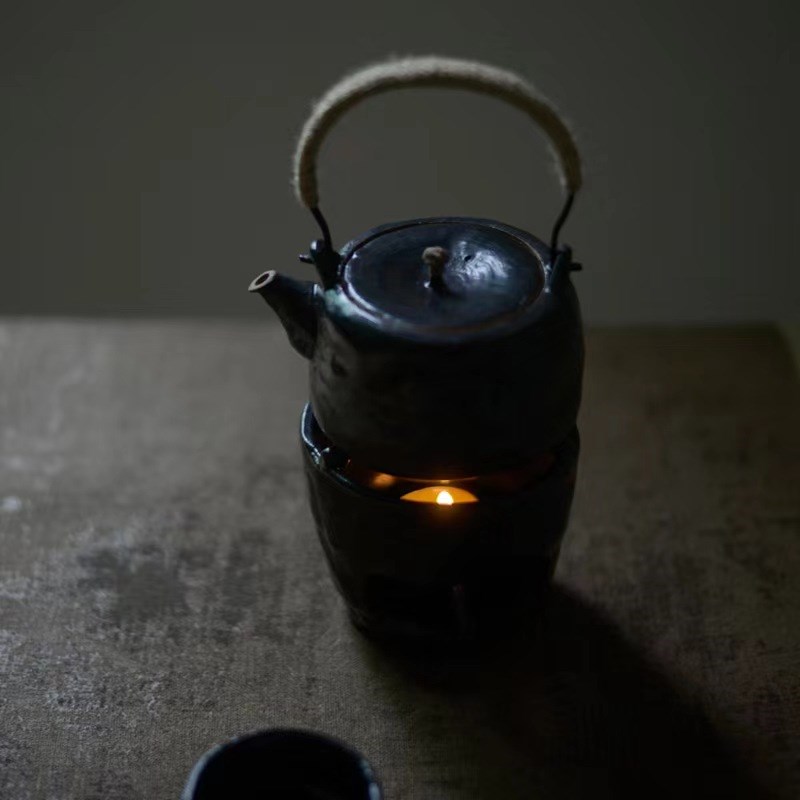 日式粗陶手工粉引提梁壶陶瓷泡茶壶民宿温泡茶炉套装蜡烛酒精灯底