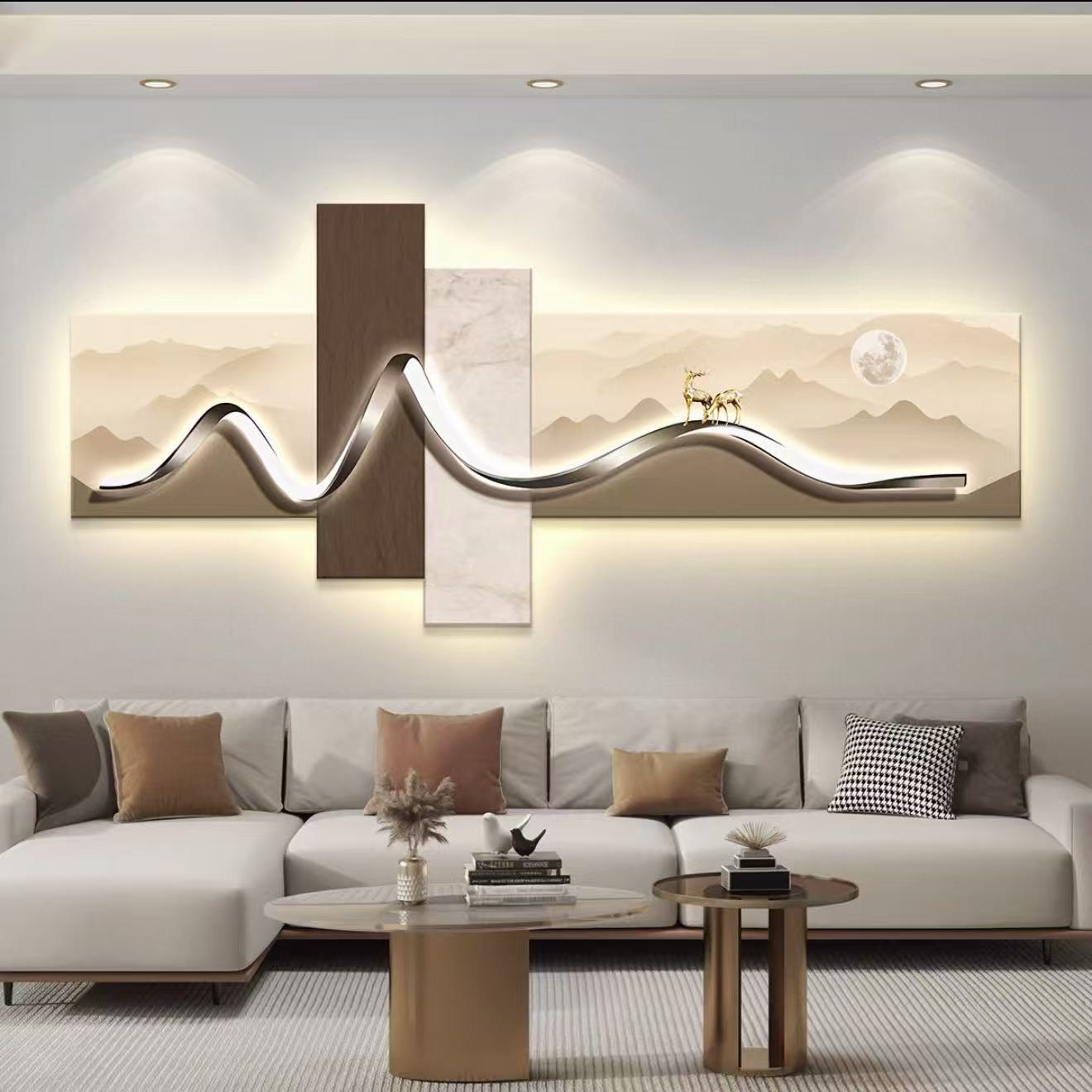 现代简约客厅装饰画沙发背景墙山水意境灯画高档晶瓷UV精雕装饰画
