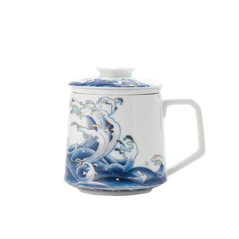 陶瓷瓷泡茶杯狐青花带盖过滤茶水分杯离用浪海奔翔办公室茶杯个人