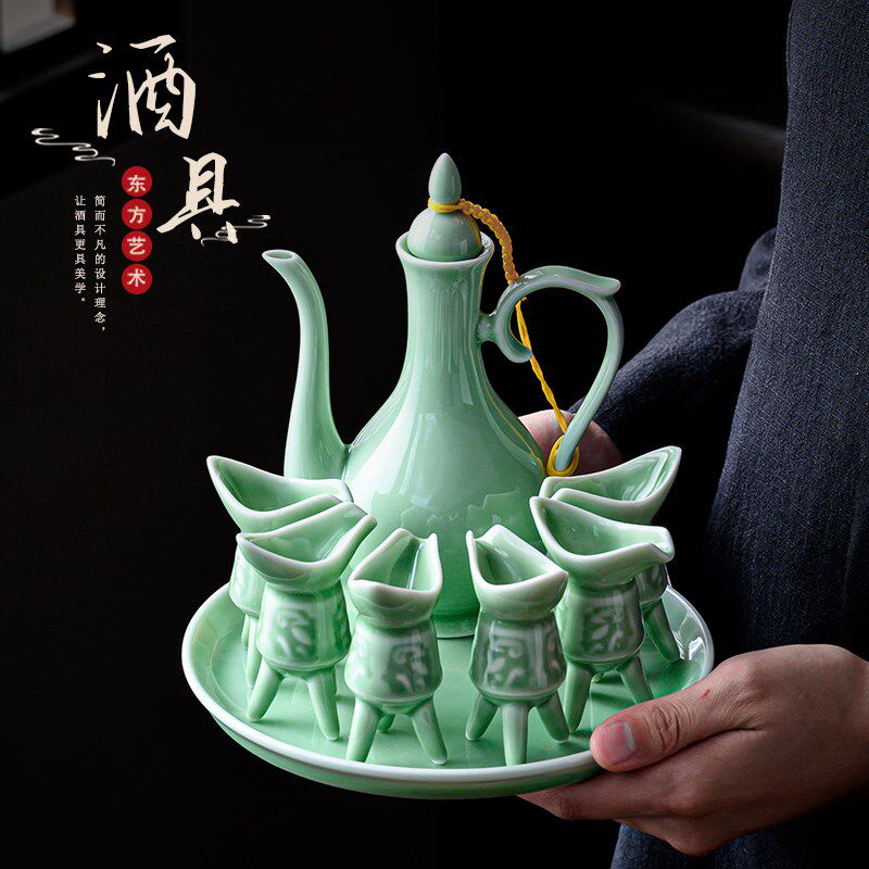 仿古白酒杯酒具套装陶瓷家用爵杯复古酒樽烈酒杯古风酒壶创意礼盒