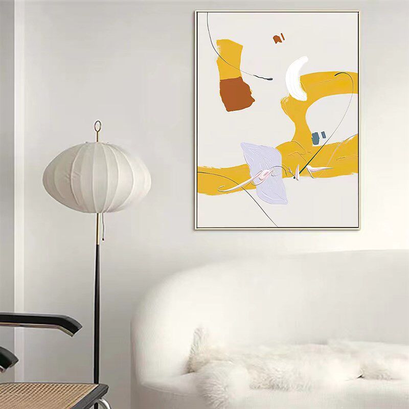 小清新柠檬黄抽象几何色块油画肌理感装饰画餐厅二联儿童房间挂画