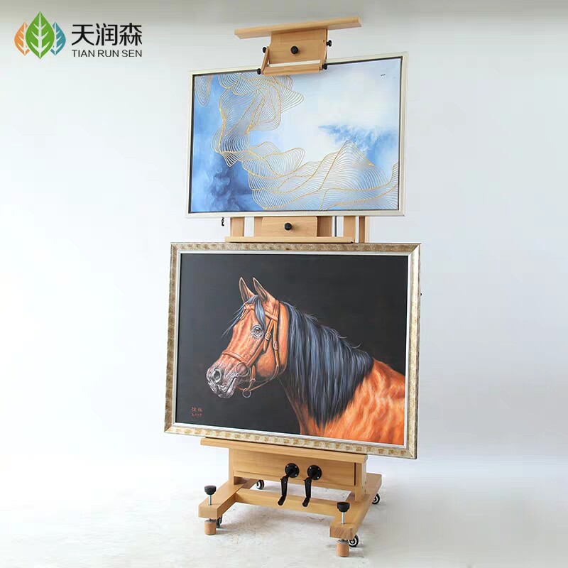 绘岳红榉木油画架单手摇画架双摇杆可升降可前倾后仰落地画架木制
