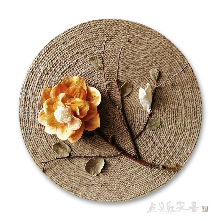 新中式牡丹花麻绳圆形手工装饰画家居壁饰挂件干花玄关墙饰