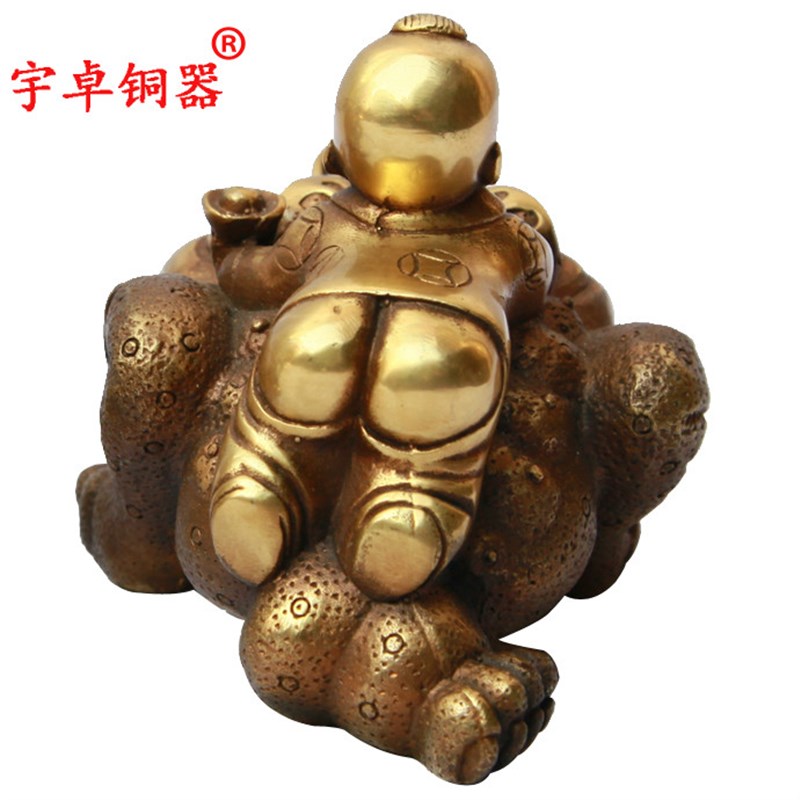 宇卓铜器桌面摆件 明清古典工艺品 纯铜童子金蟾摆饰 黄铜蟾蜍装