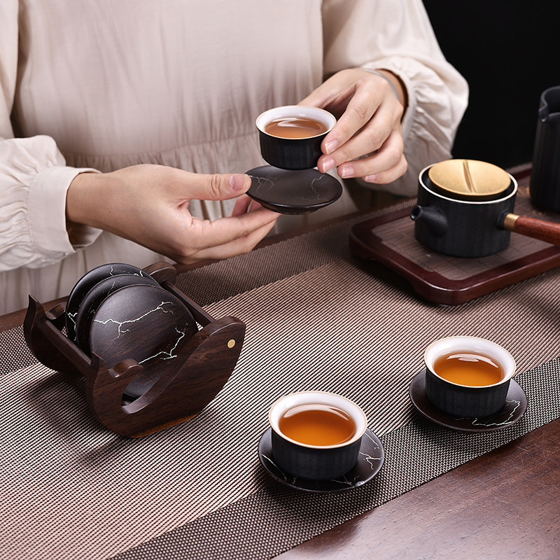 黑檀实木茶垫杯手绘茶杯木质杯功夫隔热托垫茶道茶垫配件茶托创意