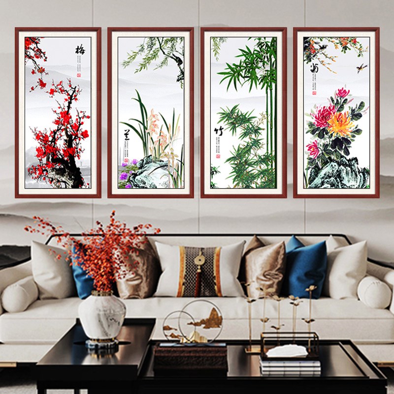中式梅兰竹菊客厅餐厅玄关墙上装饰画卧室沙发背景墙壁画四联挂画