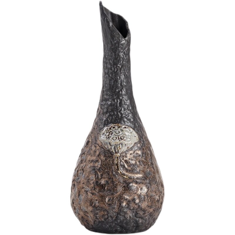 鎏金粗陶浮雕小花瓶手工花器禅意花插复古铁釉茶桌茶道陶瓷摆件