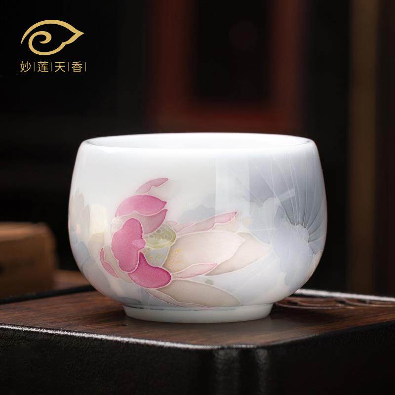 妙莲天香冰种玉瓷釉下粉彩主人杯高档个人专用陶瓷茶杯单杯品茗杯