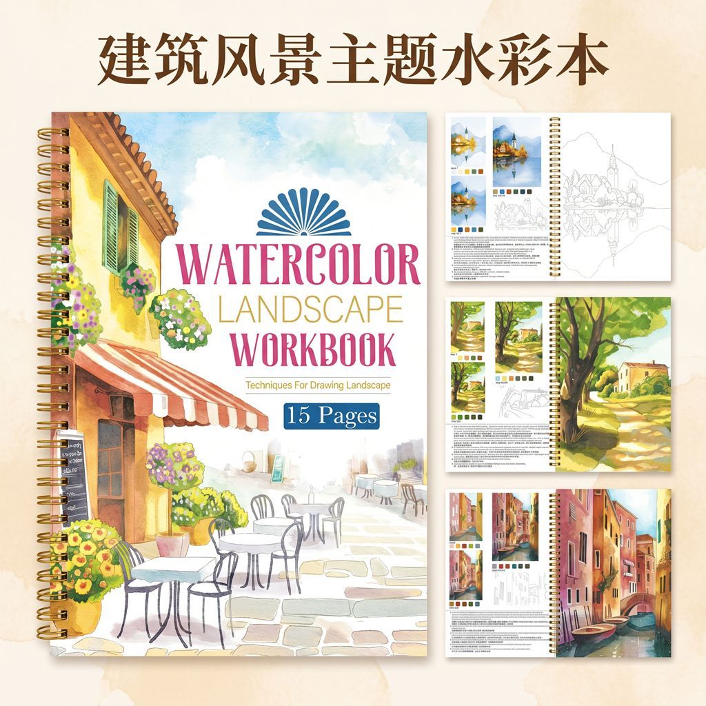 成人解压风景水彩填色临摹画册DIY涂色彩绘本水彩画套装全套15页