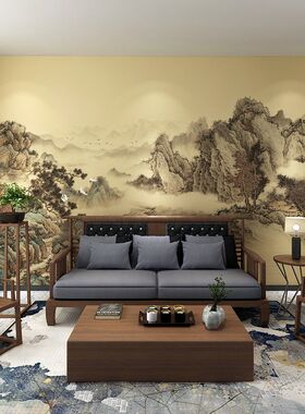 中式手绘客厅墙纸m墙布水墨影视山水背景墙古典壁画沙发电视明清