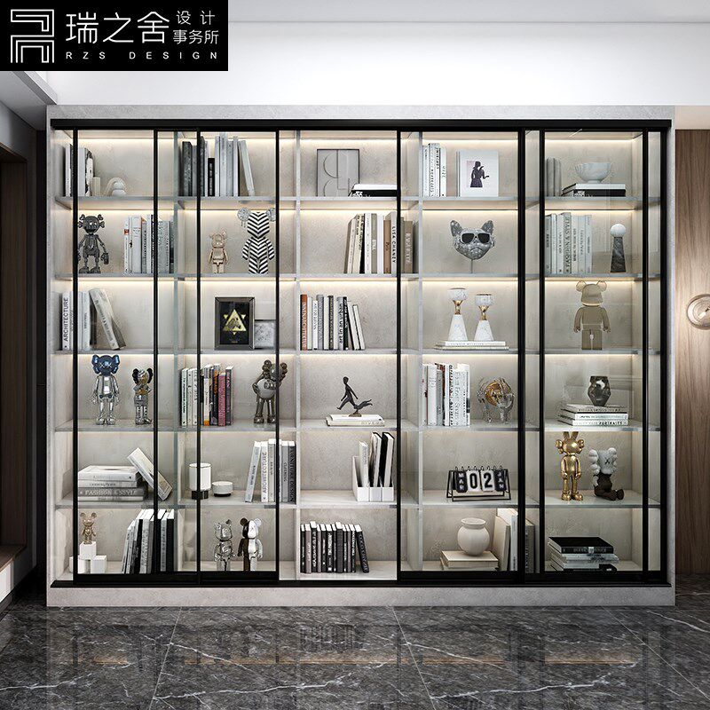 轻奢推拉玻璃门书柜家用客厅书架展示柜实木落地移门储物书橱定制