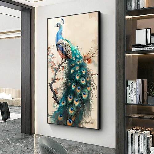 玄关装饰画竖版走廊过道挂画中国风入户客厅正对门墙画孔雀壁画