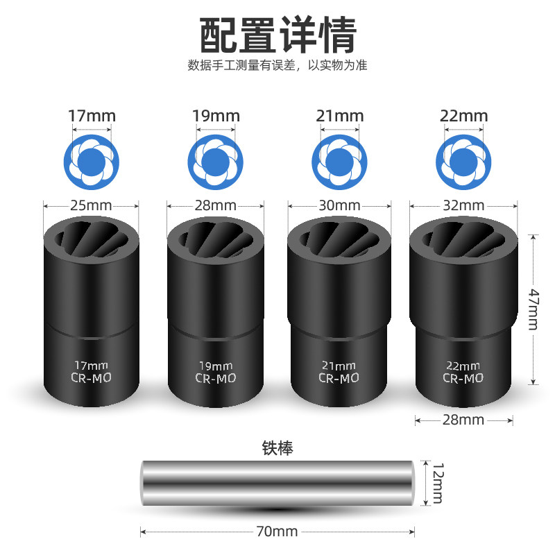 生锈滑牙轮胎螺母取出器反牙防滑反螺旋套筒防盗螺丝专用汽修工具