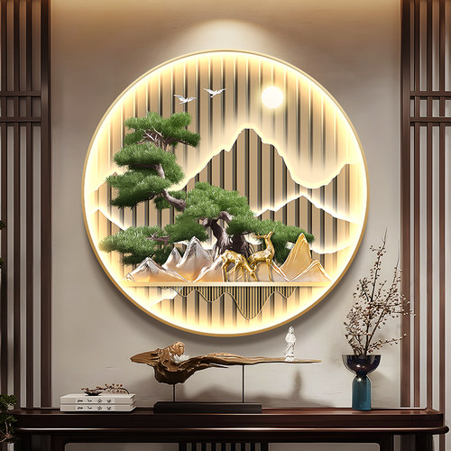 新中式玄关装饰画迎客松树走廊过道挂画背有靠山圆形茶室带灯壁画