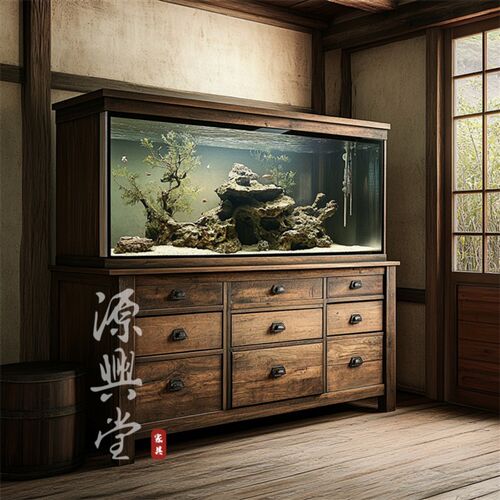 实木鱼缸 水族箱底柜落地缸超白玻璃鱼缸 侘寂风民宿酒店观赏鱼缸