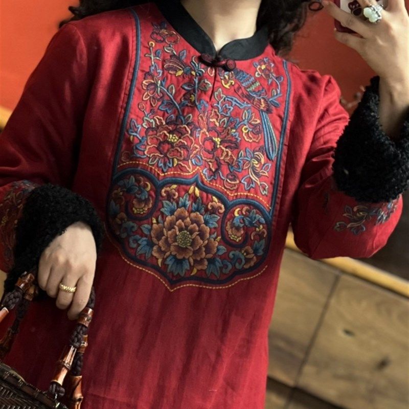 汉服女改良连衣裙复古绣花中国风秋冬夹棉加厚LYQ90135