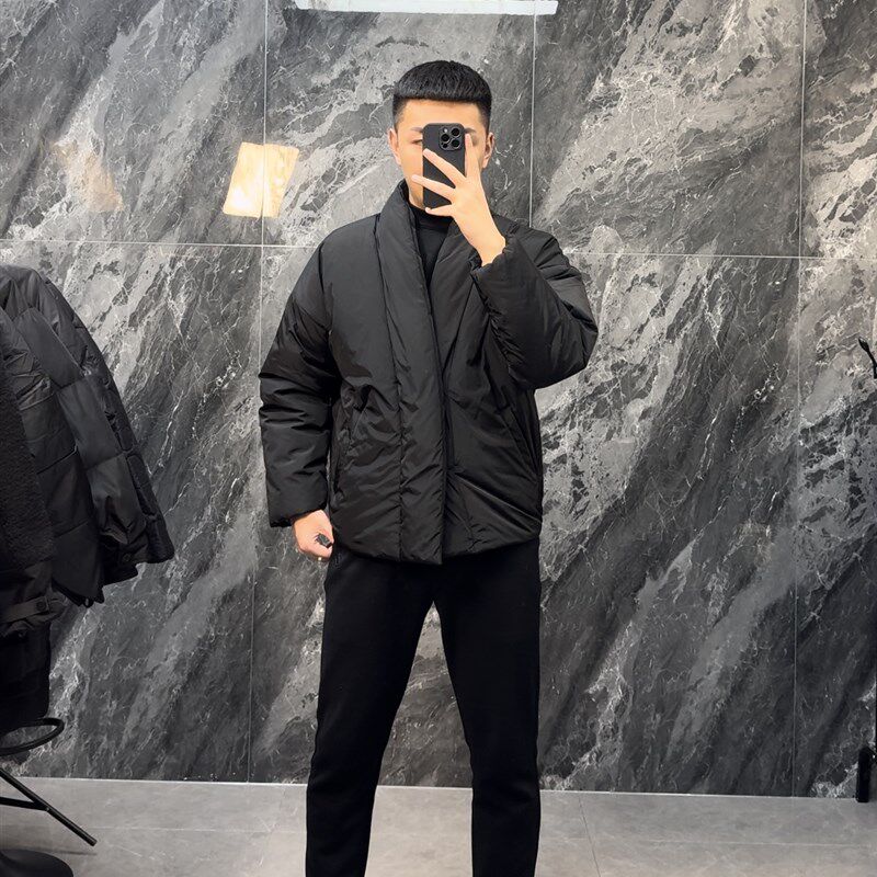 V领极简黑色秋冬季男装和服式交叉襟道袍棉服简约开衫棉衣外套潮