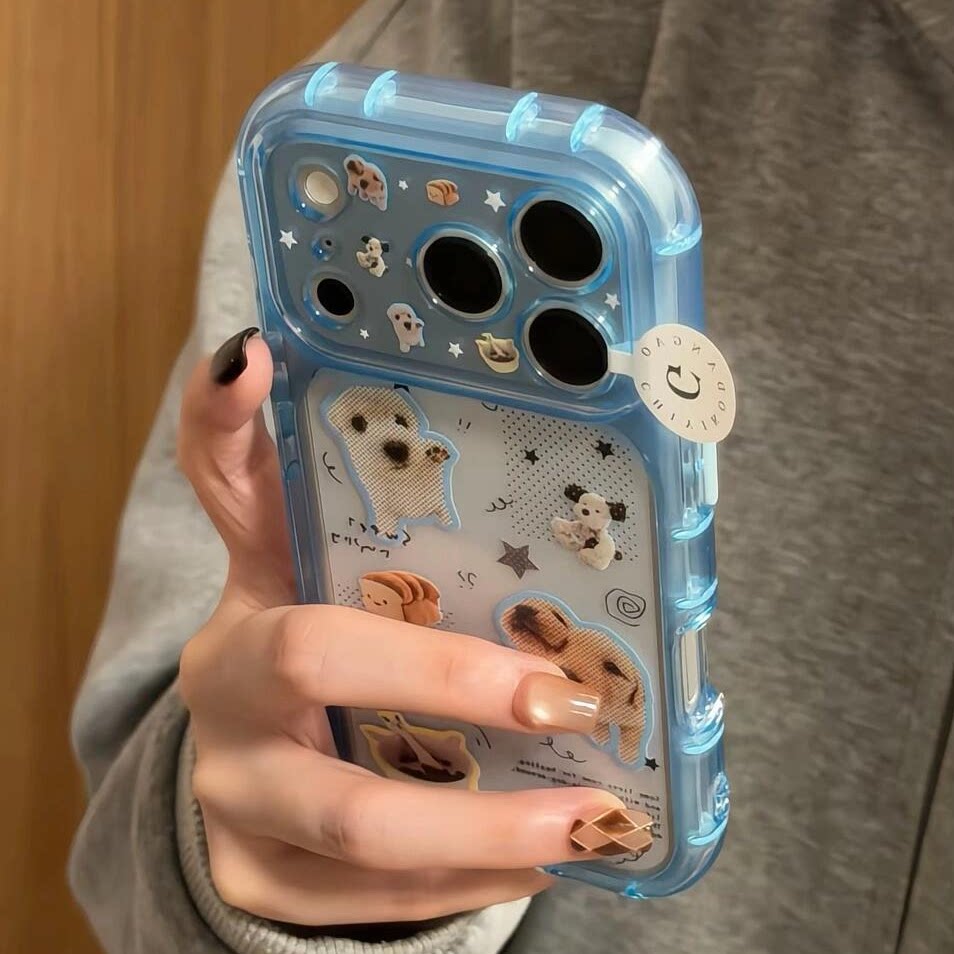 卡通ins风透蓝贴纸面包小狗适用iPhone17promax软胶手机壳韩系适用华为Mate80不撞款适用小米17防摔保护套