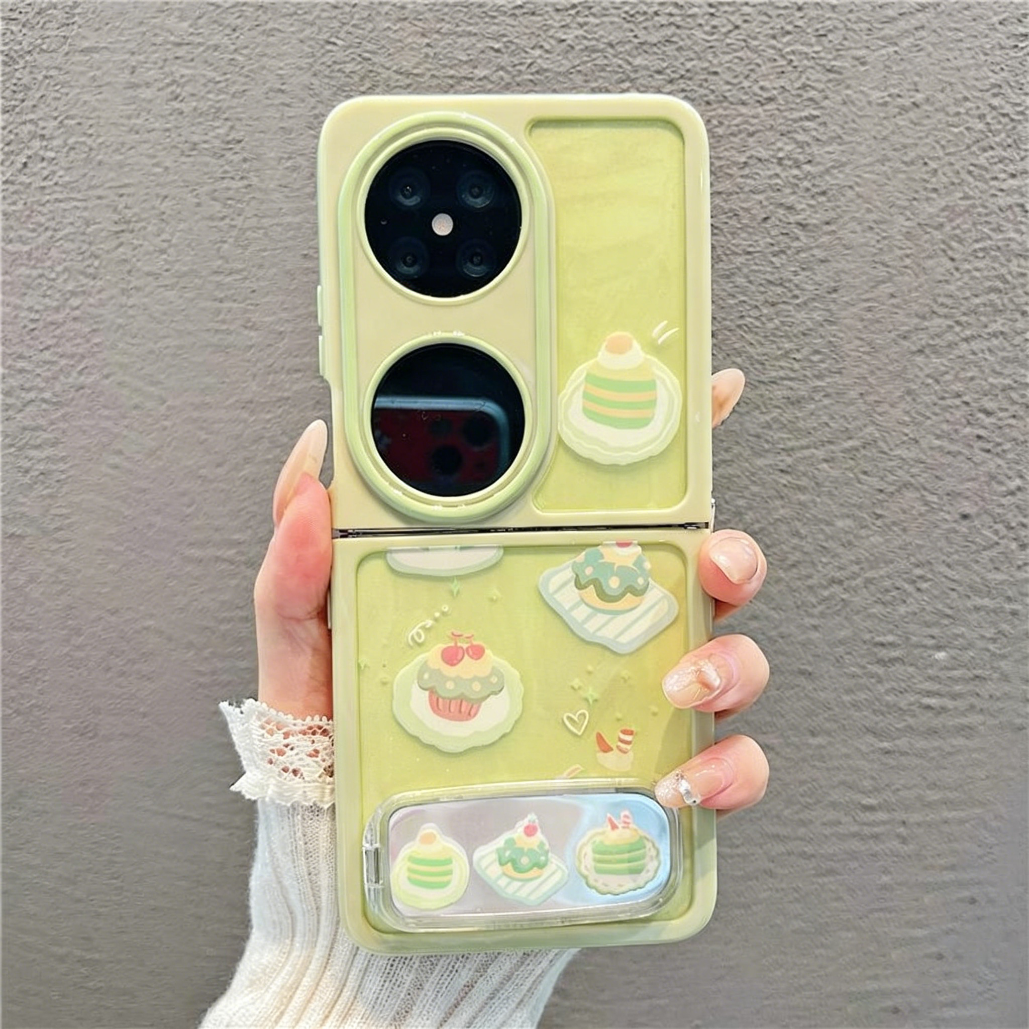 抹茶绿小蛋糕折叠手机壳适用华为Pocket2新款P50/60pocket全包puraX韩系小米MIXFLIP2ins风vivoXFLIP三星软壳