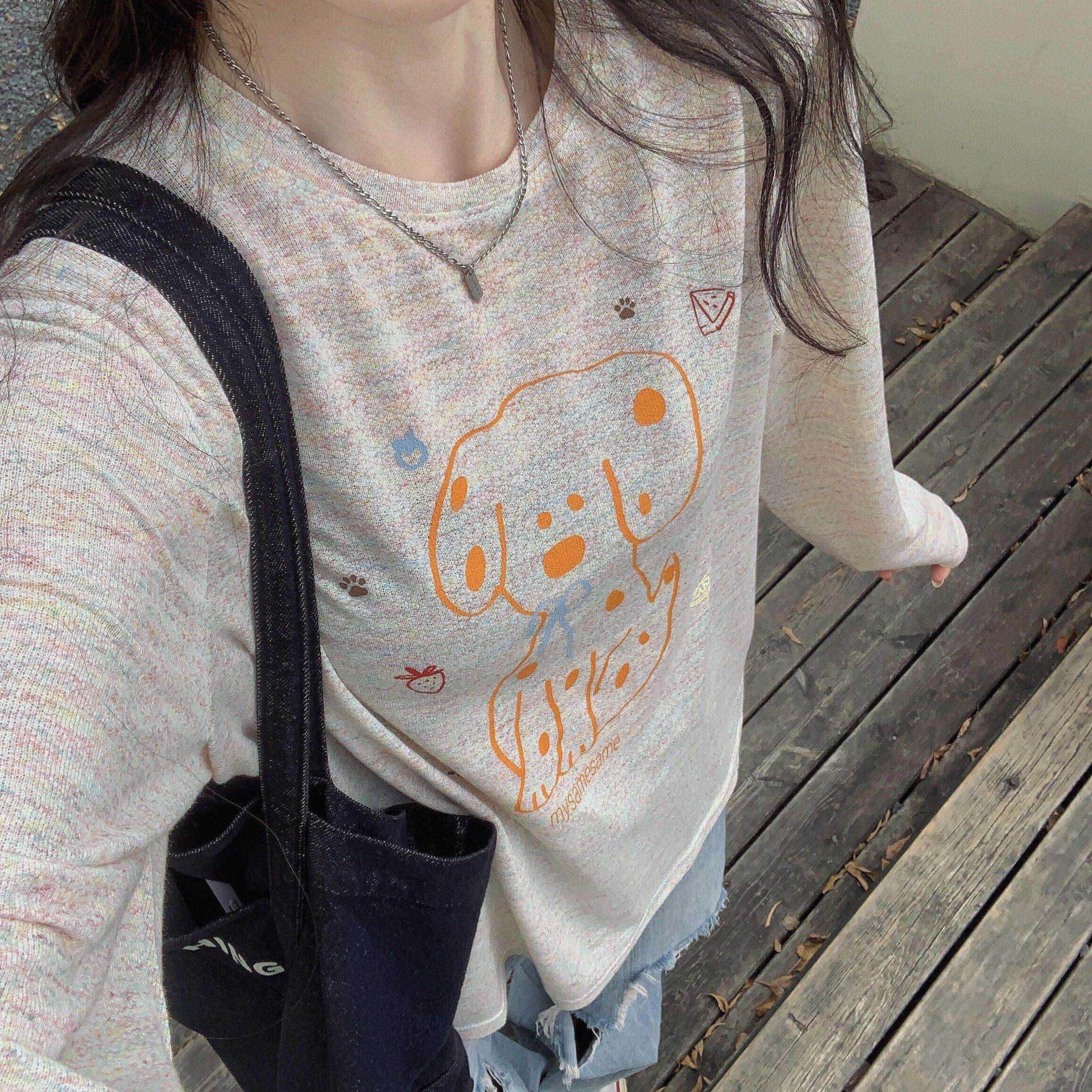 萌趣斑点狗印花圆领长袖罩衫女夏季新款宽松慵懒风休闲薄款T恤女