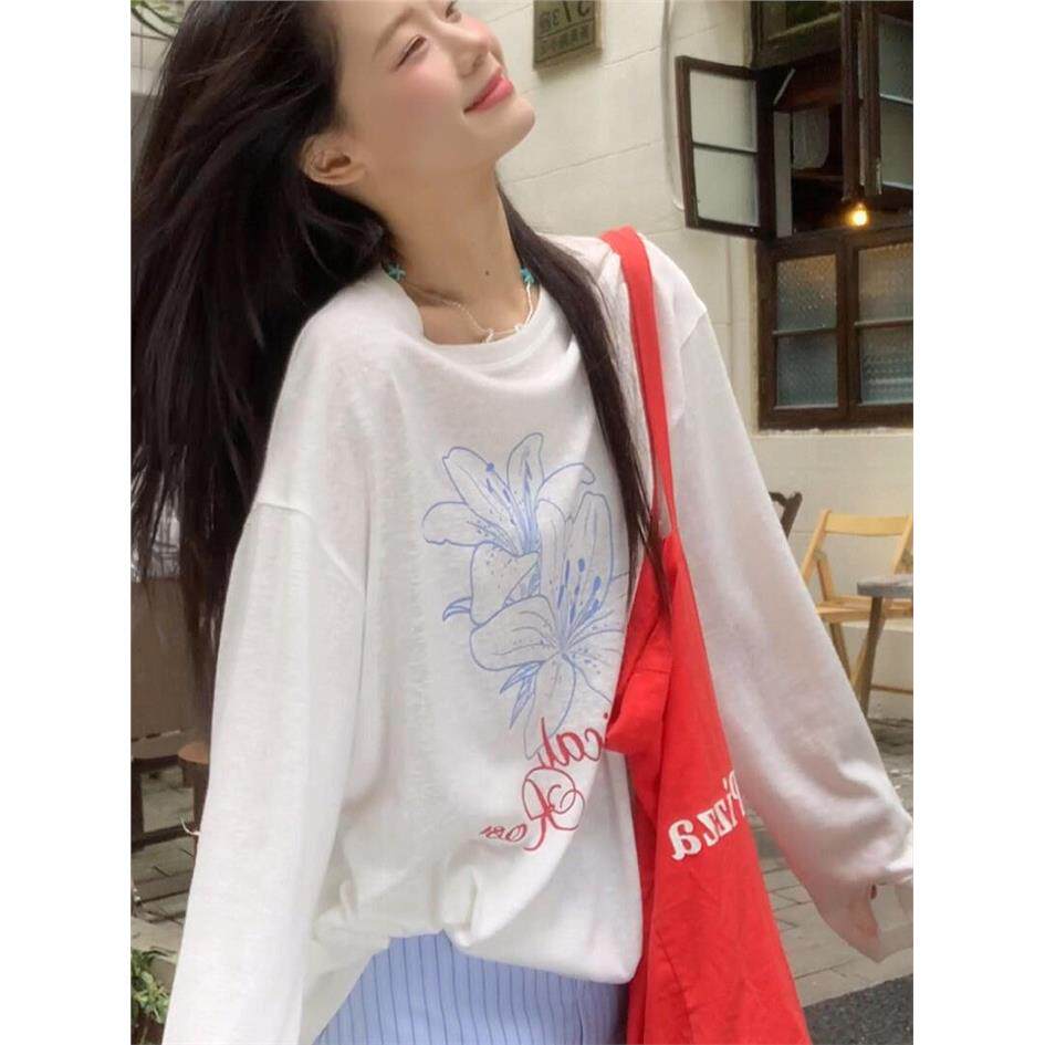 港味慵懒风长袖圆领趣味印花T恤女夏季宽松百搭防晒罩衫薄款上衣