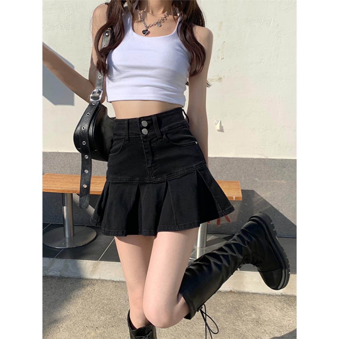 黑色牛仔短裙女秋季高腰辣妹a字包臀裙荷叶边百褶半身裙大裙摆