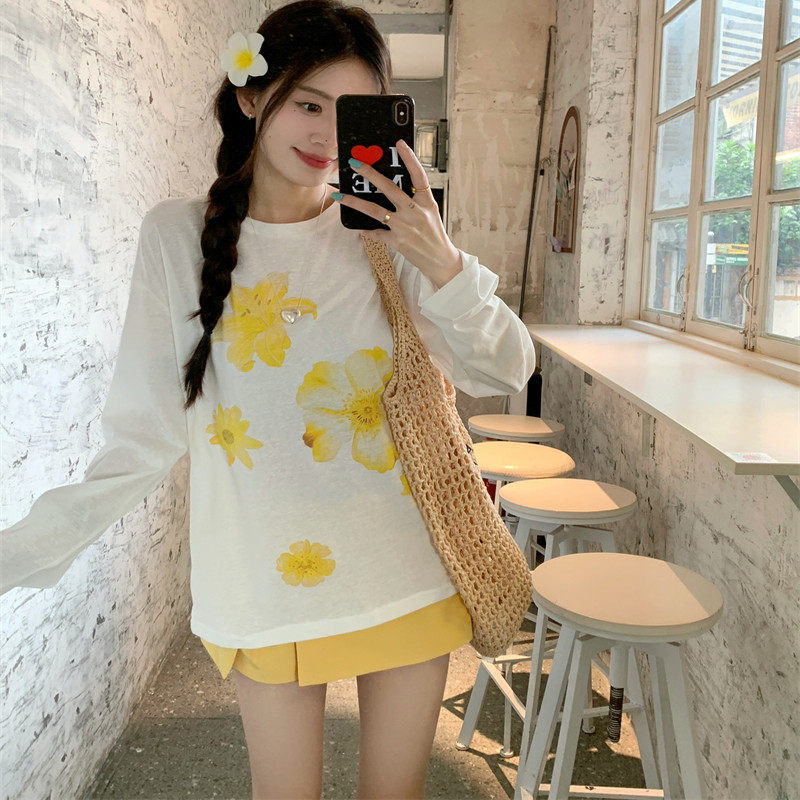 防晒印花长袖T恤女夏季2025新款休闲宽松简约显瘦慵懒风白色上衣