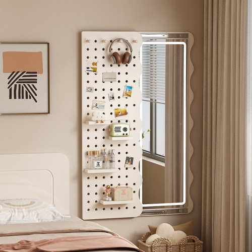 轻法奶油风抽拉穿衣镜床头镜子可关闭北欧家N用伸缩全身镜置物架