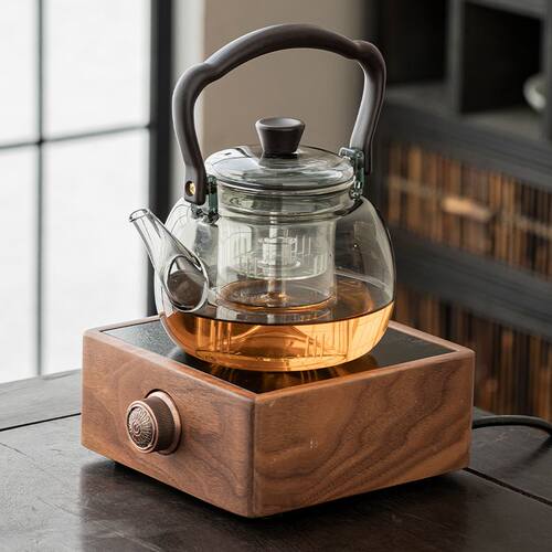 黑晶炉胡桃木方炉围炉煮茶家用养生蒸煮花茶玻璃茶壶茶杯器具套装