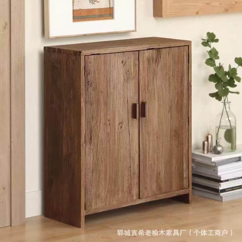 新中式实木收纳柜落地式两层玄关鞋柜大容量老榆木家具厨房餐边柜