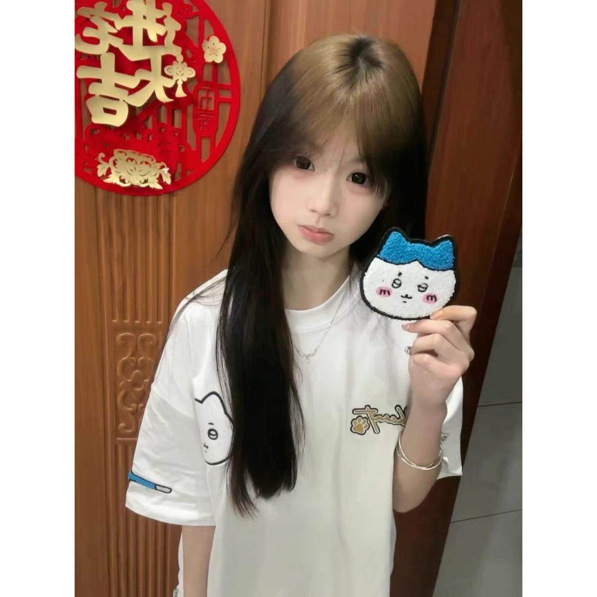 美式卡通风刺绣短袖T恤女白色宽松慵懒风魔术贴上衣