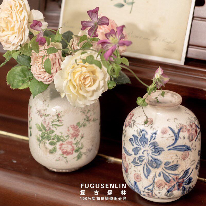 美式陶瓷花瓶青花冰裂釉花纹复古做旧古典居家装饰瓷器水培干鲜花