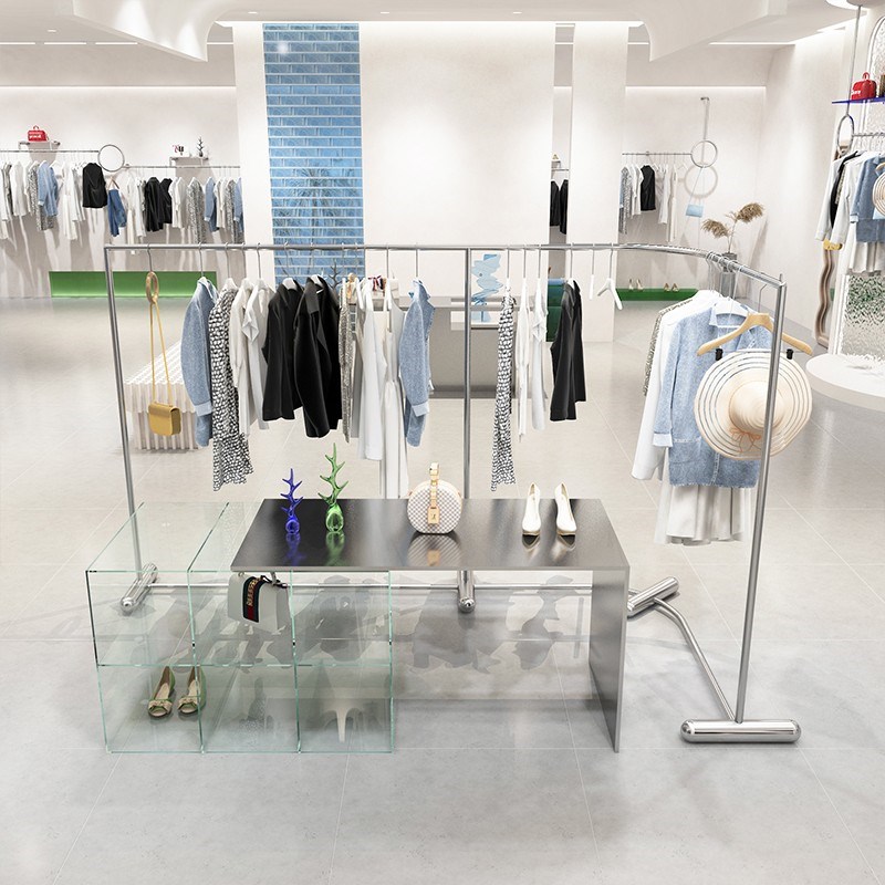 服装店中岛展示架落地式转角女装店中间专用弧形货架挂衣架不锈钢