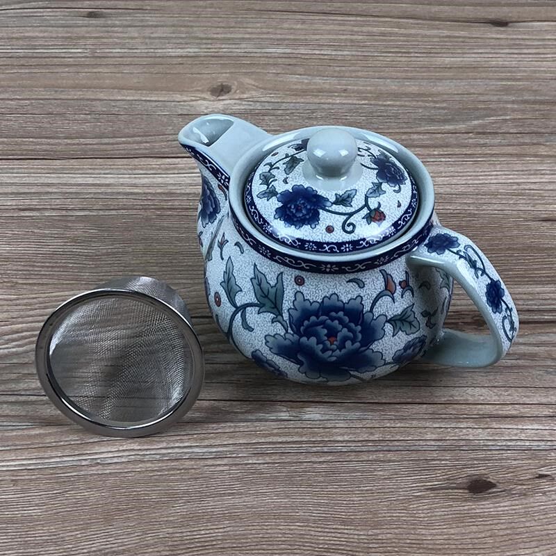 青花瓷牡丹花茶壶家用泡茶壶带过滤网小号单壶陶瓷手抓壶瓷器水壶