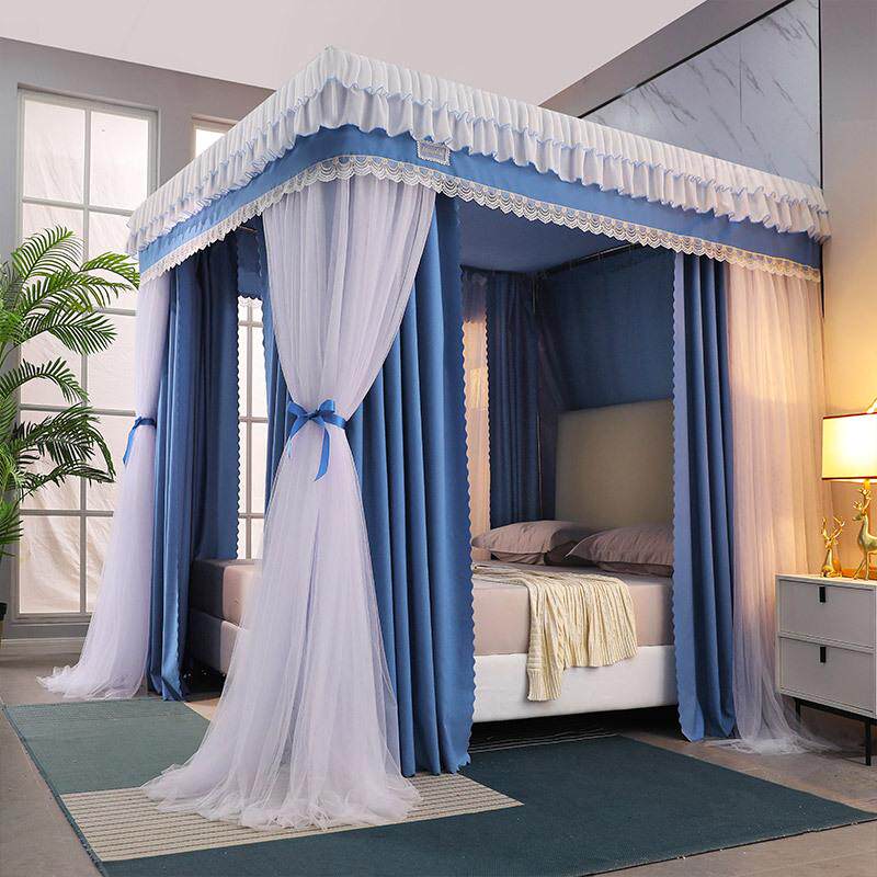 2023高端遮光防尘蚊帐床卧室家用不锈钢帘一体式布帘双层宫廷落地