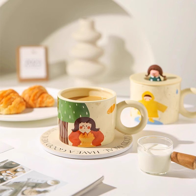 U Mi LIVING屿鹿 杯具可爱杯子带盖创意马克杯陶瓷杯情侣水杯