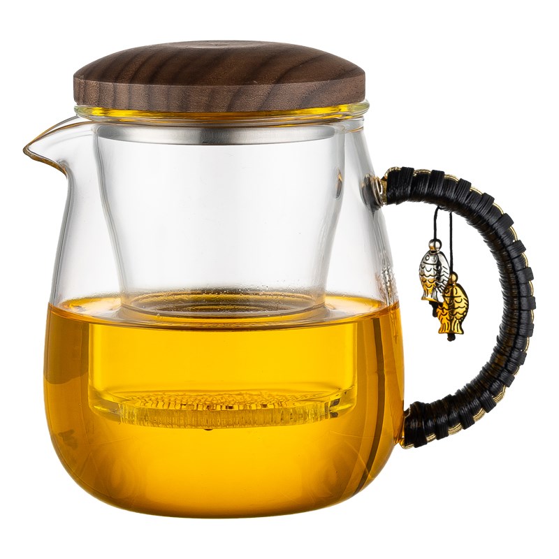 耐热加厚玻璃杯蘑菇杯过滤花茶壶胡桃木泡茶杯办公室小型日式恒温