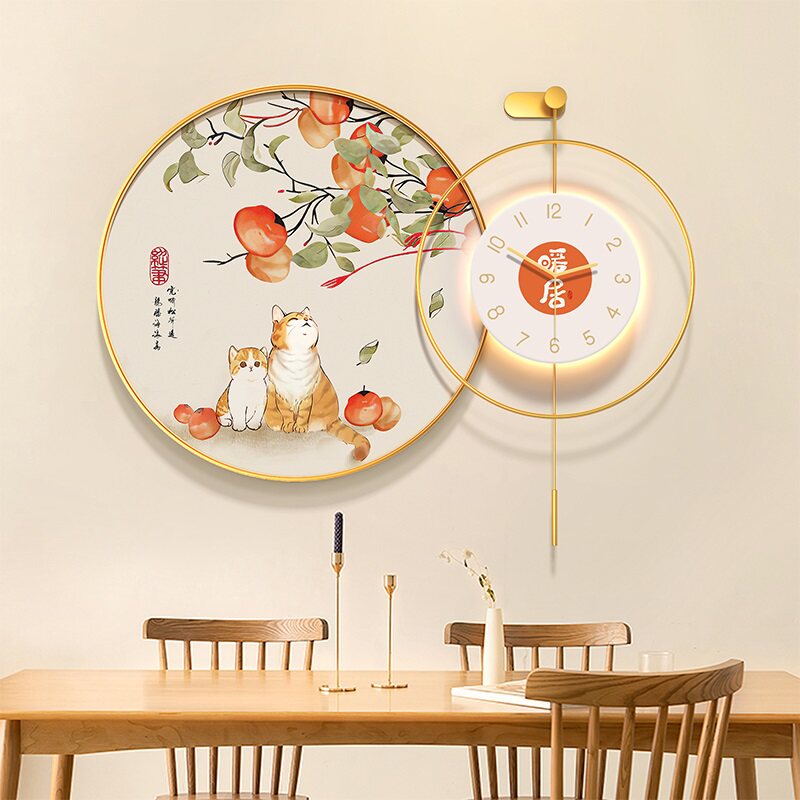 新中式饭厅装饰画暖居饭厅壁灯光画饭厅挂钟表挂画茶室背景墙壁画