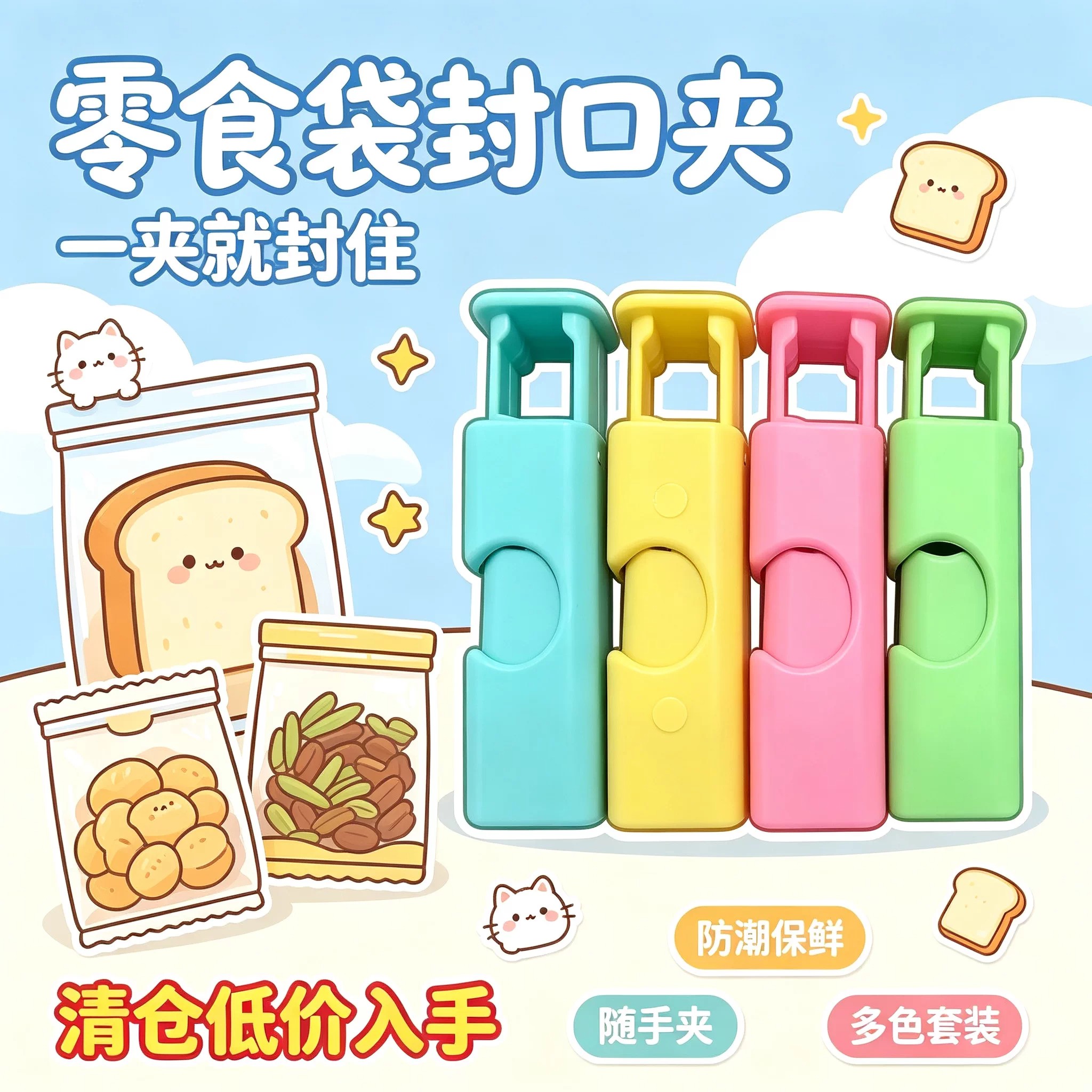零食袋夹子面包袋夹防潮保鲜夹塑料袋弹簧封口夹奶粉袋按压密封夹