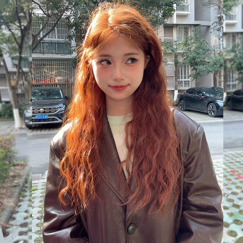 脏橘色假发女前蕾丝中分长卷发羊毛卷lolita修脸网红jk全头整顶