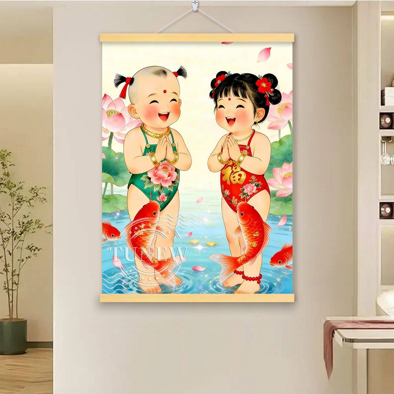 福娃步步生莲年年有余客厅玄关装饰沙发背景家居挂画卷轴实木挂轴