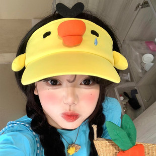 可爱黄色鼻孔小鸡空顶防晒帽女夏季百搭大头围显脸小遮阳防晒帽子