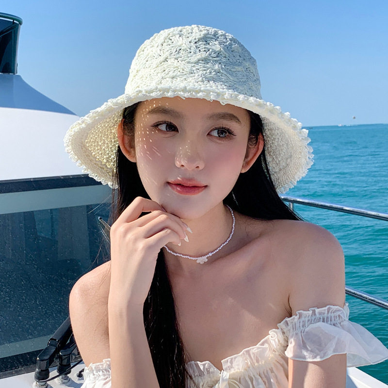夏天沙滩海边甜美帽子女款ins风纯色大檐遮阳帽小清新防晒水桶帽