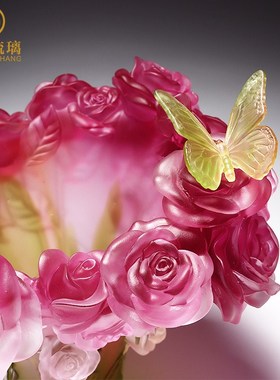 琉璃艺术品蝴蝶玫瑰花瓶客厅餐桌插花装饰品摆件轻奢高Z级乔迁礼