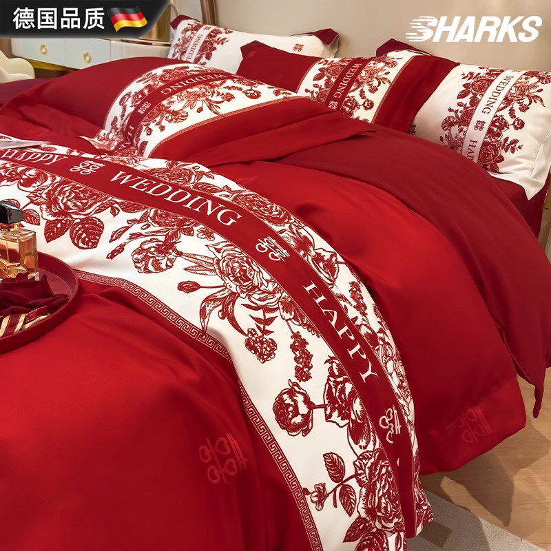 德国轻奢结婚四件套n陪嫁床上用品中式印花高级感红色新中式婚礼