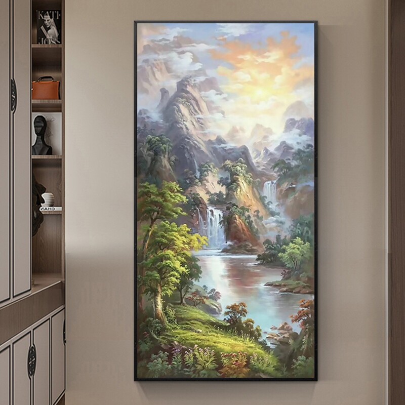 新中式山水风景纯手绘沙发竖玄关油画装饰画餐厅版客厅大芬村挂画
