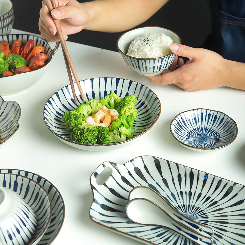 日式釉下彩陶瓷碗盘家用创意复古餐具一人食多人配套潮州产