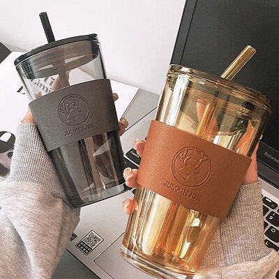 水杯夏季女高级感玻璃杯子男生轻奢带吸管盖咖啡杯情侣家用高颜值图片